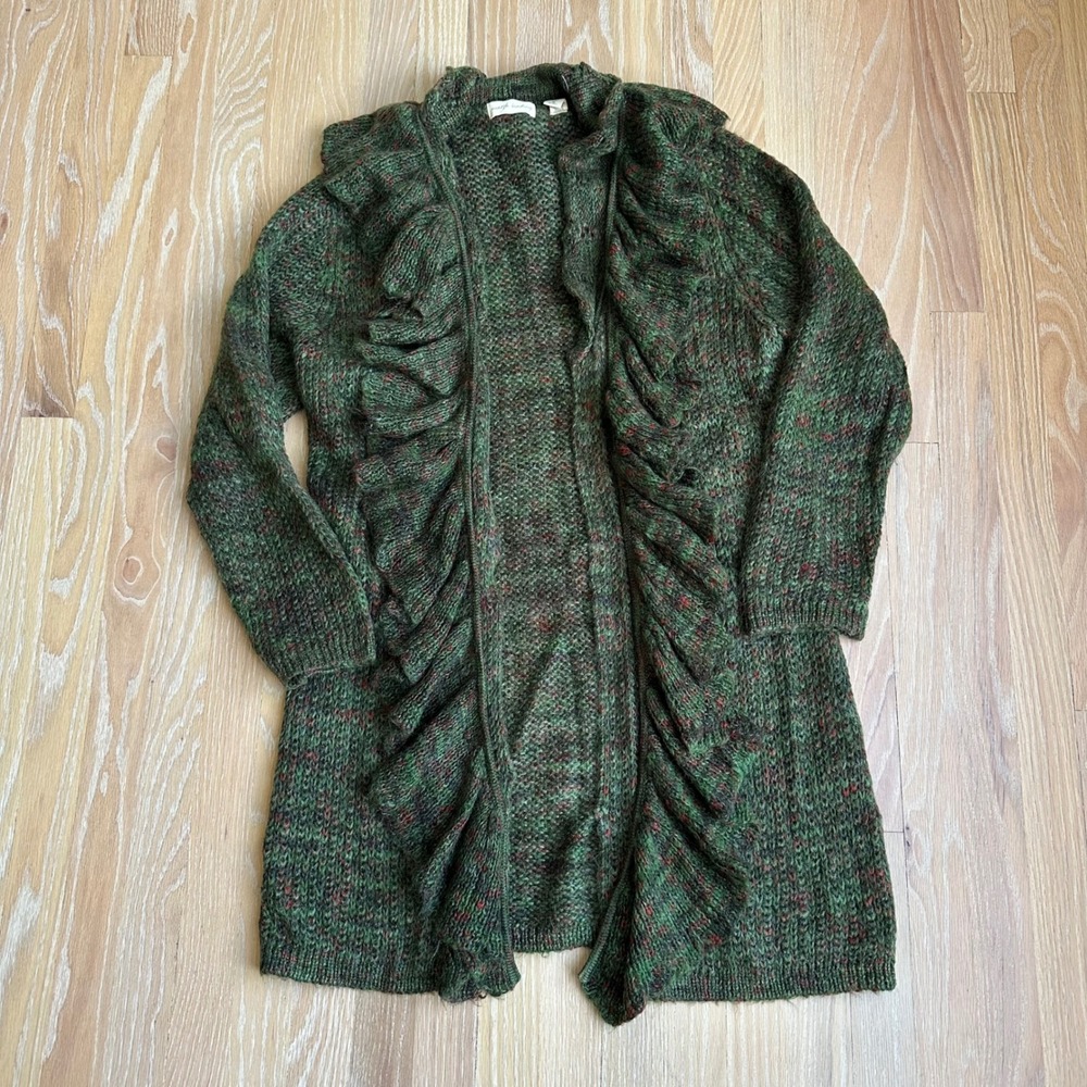 Marsh Landing Duster Cardigan Ruffle 70s Inspired Earthy Marled Knit Green XL